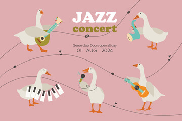 Jazz concert banner with music geese. Funny creative design of flyer with cute birds and musical instruments for advertising in vector