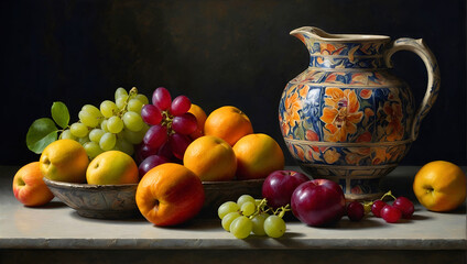 Realistic scene of a still life, casting dramatic, warm illumination within a softly lit room. wall print or poster for decoration. Ambiance background, A.I. Generated
