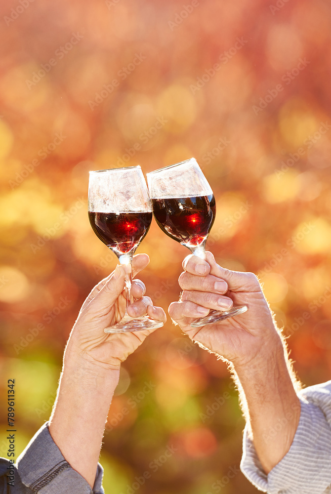 Poster Mature couple, wine and toast in garden for retirement, celebration and vacation in nature for marriage. People, sunshine and cheers to wellness, health and love in countryside for anniversary drink.