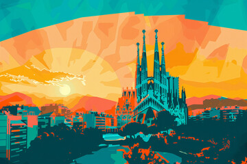 Sagrada Familia, Barcelona, Spain. contemporary style minimalist artwork collage illustration. Generative AI