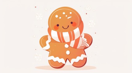 A whimsical and adorable flat illustration features a lively cartoon gingerbread man standing out against a clean white background
