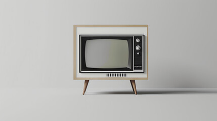 This is a 3D rendering of a retro television set. It has a light wood grain finish and a black...