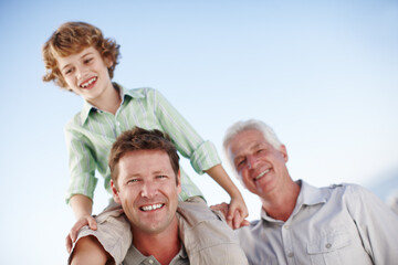 Portrait of grandfather, father and child by blue sky for bonding, relationship and relax together....