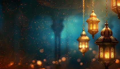 Obraz premium Arabic lantern of Ramadan celebration background illustration with copy space area