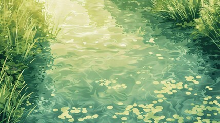Retro style wallpaper with an artistic rendering of floating algae in a crystal clear stream