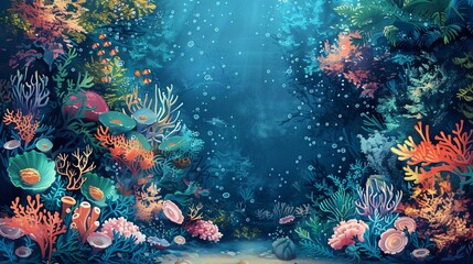 Fototapeta na wymiar Retro style wallpaper with an underwater seascape of coral and anemones