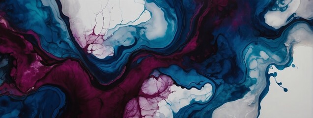 Midnight indigo and wine burgundy abstract background made with alcohol ink technique, bright white veins texture. - obrazy, fototapety, plakaty