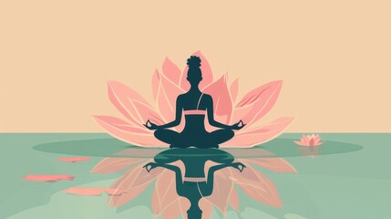 Fototapeta na wymiar A woman is gracefully practicing the halasana pose in a yoga exercise set against a serene lotus background depicted in a 2d flat style illustration