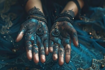 Hands with mysterious, inspired decorations as if in a fantasy setting. - obrazy, fototapety, plakaty