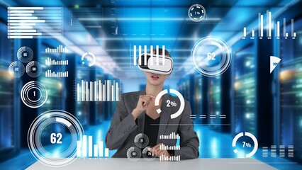 Businesswoman selecting market business data research analysis graph monitor by VR global...