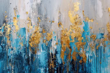 Fotobehang The abstract picture of the gold, blue and black colour that has been painted or splashed on the white blank background wallpaper to form random shape that cannot be describe yet beautiful. AIGX01. © Summit Art Creations