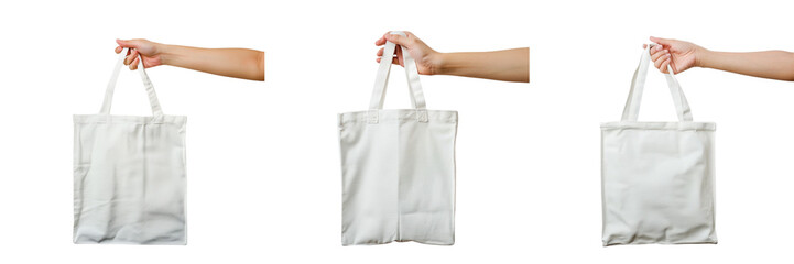 Set of a woman hand holding white tote bag from above isolate on a ,transparent background