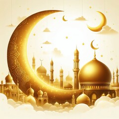 Illustration for eid al fitr with golden and crescent moon on white background.