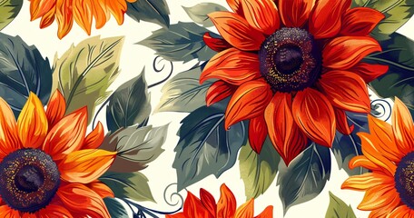 Retro wallpaper with vibrant sunflower heads turning to catch the light of day - obrazy, fototapety, plakaty