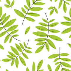 Seamless pattern with bright tropical leaves. Vector illustration in flat style.