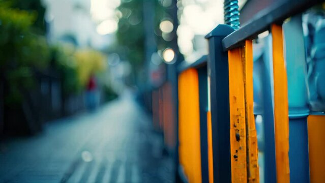 Blurry yellow guardrail leading through an urban street. Selective focus photography with bokeh