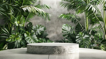 Silver podium with stone pedestal and tropical leaves background. Perfect for cosmetics advertising