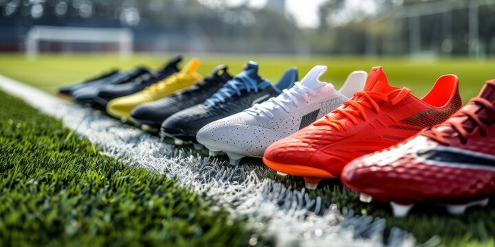 Row of Soccer Shoes on Field