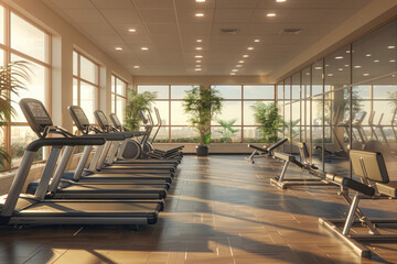 Interior of a modern gym with sports and fitness equipment and panoramic windows, fitness center,...