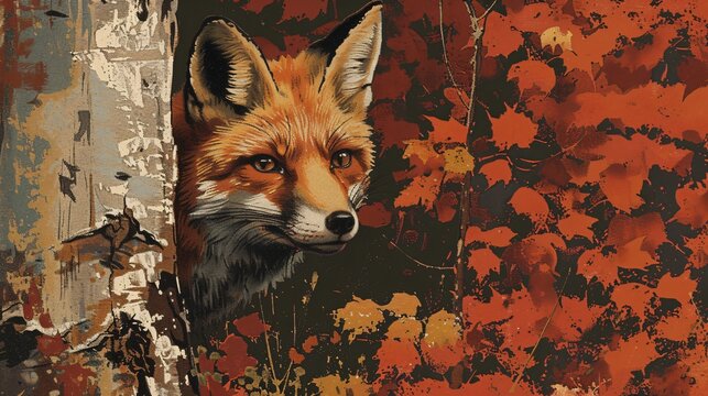 Sly fox peeking out from behind a tree trunk eyes gleaming with mischief Warm autumn colors vintage illustration focus on cunning expression