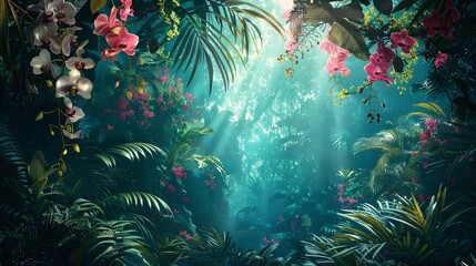 Time worn illustration of a lush rainforest canopy with hanging vines and bright orchids - obrazy, fototapety, plakaty