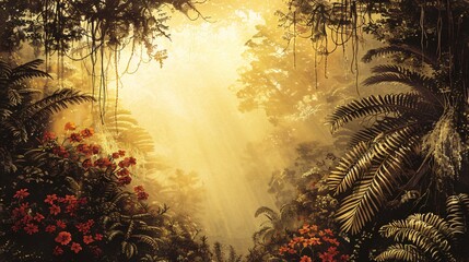 Time worn illustration of a lush rainforest canopy with hanging vines and bright orchids