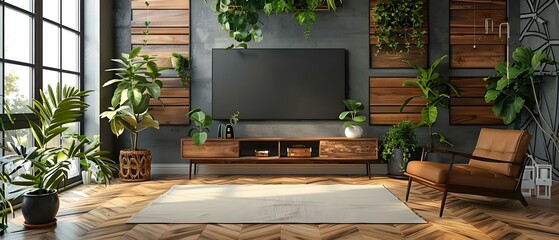 Sleek TV in Stylish Minimalist Living Space with Greenery. Concept Minimalist Design, Stylish Interior, Greenery Decor, Sleek TV, Living Room