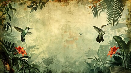Time worn illustration of wild orchids and hummingbirds in a tropical jungle
