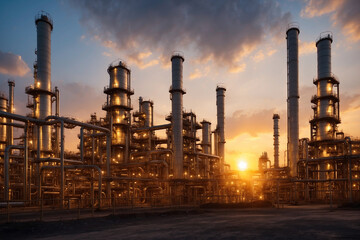 Oil and gas refinery plant or petrochemical industry on sky sunset background