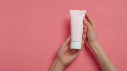 Female hand with squeeze bottle plastic tube container of cream isolated on pink background