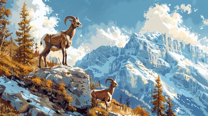 Traditional wallpaper scene with mountain goats on steep snow capped peaks - obrazy, fototapety, plakaty