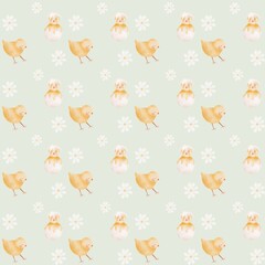 Seamless watercolor Easter day pattern with baby chicken. Happy Easter design for textile