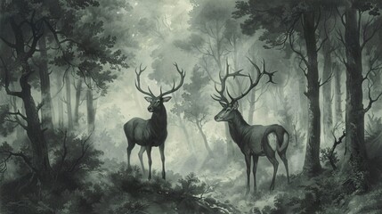 Victorian era wallpaper featuring regal stags in a misty ancient forest