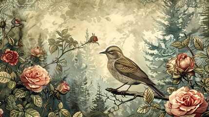 Victorian era wallpaper featuring roses and secretive nightingales in an enchanted grove