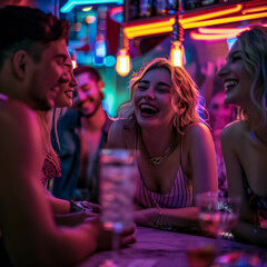 Group of friends having fun and drinking cocktails in a club - 789617399