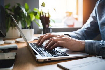 Fototapeta premium Closeup person typing on computer keyboard, professional workspace