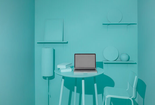Monochrome turquoise mockup in 3d rendering style with laptop