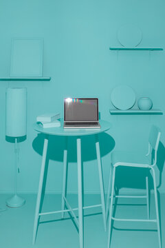 Monochrome Still Life in the style of a 3d render with an empty laptop