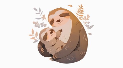 Naklejka premium Illustration of a sloth mother and baby icon perfect for web design set against a clean white background