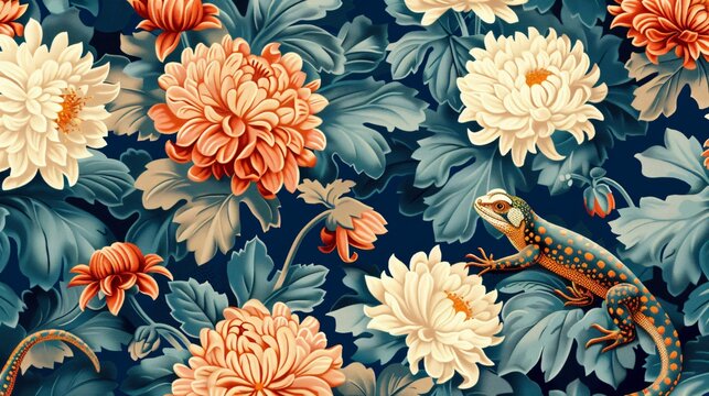 Victorian tapestry pattern featuring chrysanthemums and small lizards basking on warm stones