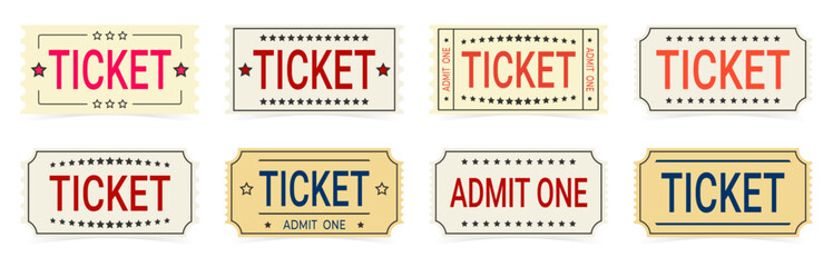 Set of retro tickets to cinema, club, exhibition, concert, museum, theater isolated on white background, vector. - obrazy, fototapety, plakaty