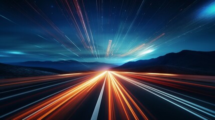 Fototapeta na wymiar Blazing trails with car headlights captured in motion, the light trails coded with streaming data, embodying high-speed tech on a roadway in 4k