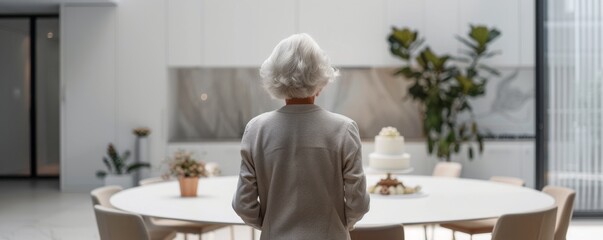 modern grandmother standing with her back near table.