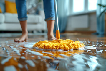 Woman Cleaning Floor With Yellow Mop