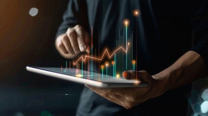 Man holding digital tablet. Financial statistics, business graphs, social network and connection. Future and finance concept