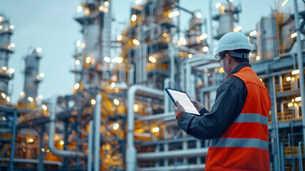 Industrial engineer with tablet inspecting oil refinery at twilight