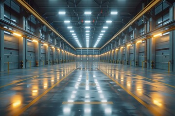 Fototapeta premium The interior of a large, modern warehouse with bright lights and large doors.