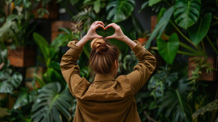Heart-Shaped Hand Gesture Over Head in Lush Green Environment