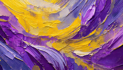 Abstract purple and yellow acrylic surface. Oil painting texture on canvas. Hand painted.
