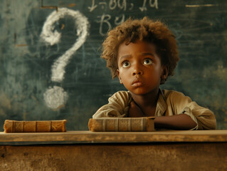 Young boy pondering in front of a chalkboard with a question mark